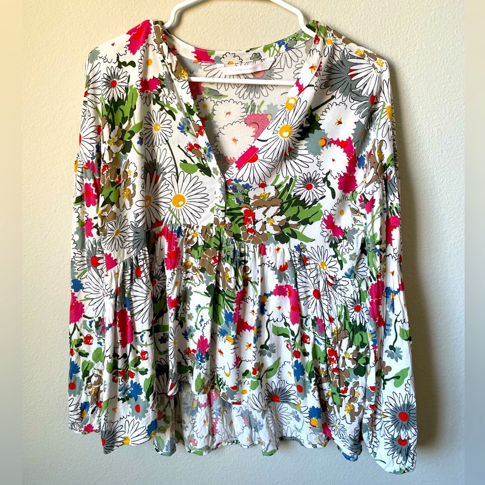 Zara Trafaluc daisy peasant blouse tunic white/multicolored floral print sz L